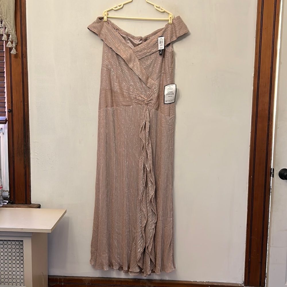 Xscape rose beige metallic portrait collar gown Size 18W New